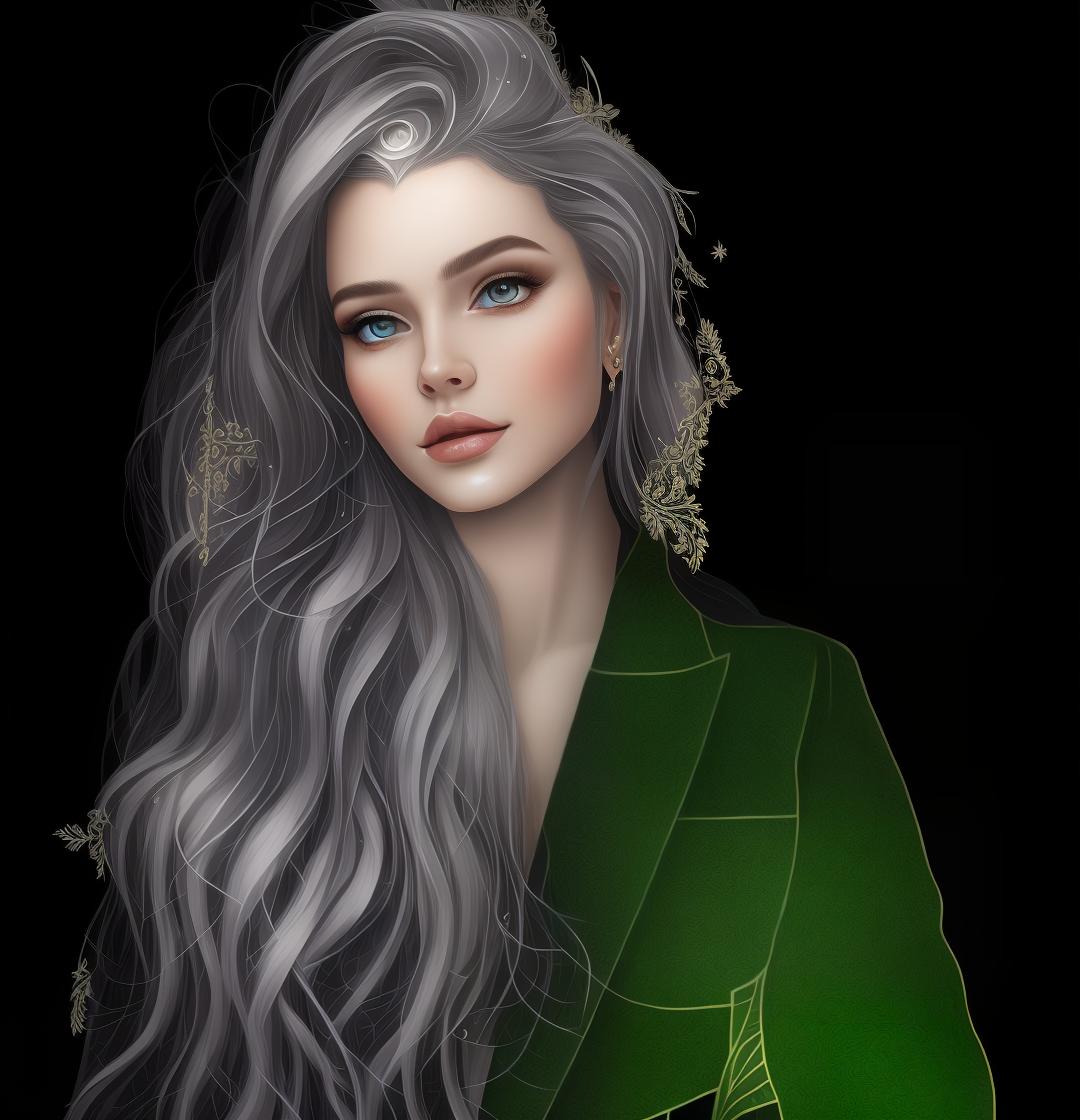 mdjrny-v4 style Create a Fantasy style avatar of a female Elf. Prominent Elf Ears, ears should be pointed, long, sharp, visible behind the hair. The character should have long, flowing silver hair, caught in a bun, adorned with delicate flowers. Her eyes should be almond shaped and bright green. She should wear an elegant, fitted tunic with intricate leaf patterns and embroidery. Her ears should be pointed and prominent, a defining feature of Elves. She should have a graceful and slender build, with pale, smooth skin.