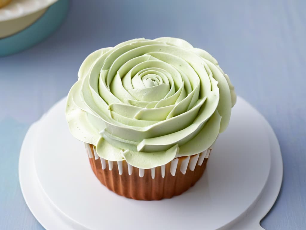  A closeup, ultradetailed image of a delicate rose made out of intricately piped buttercream frosting in soft pastel hues, sitting atop a beautifully crafted gourmet cupcake. The frosting is flawlessly smooth, with each petal defined by precise piping, showcasing advanced decorating techniques in the world of gourmet pastry. The cupcake is elegantly presented on a sleek, minimalist white plate, with subtle lighting enhancing the intricate details of the edible masterpiece. hyperrealistic, full body, detailed clothing, highly detailed, cinematic lighting, stunningly beautiful, intricate, sharp focus, f/1. 8, 85mm, (centered image composition), (professionally color graded), ((bright soft diffused light)), volumetric fog, trending on instagram, trending on tumblr, HDR 4K, 8K