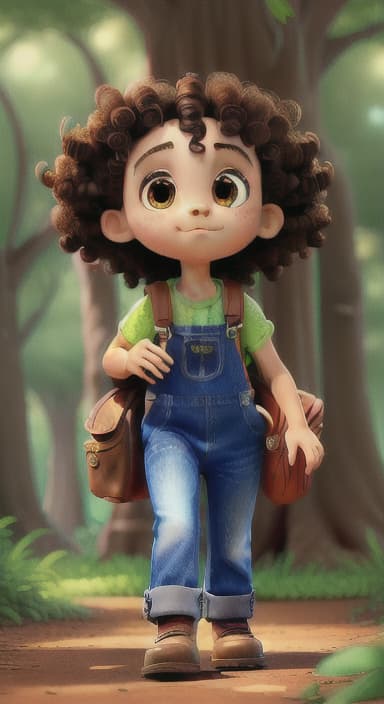  {The tree with a twinkling eye, while its leaves gently rustle., Riley, a curious with big brown eyes and curly hair, wearing overalls and carrying a small backpack. Their friend, Skye, a bluebird with shiny feathers.