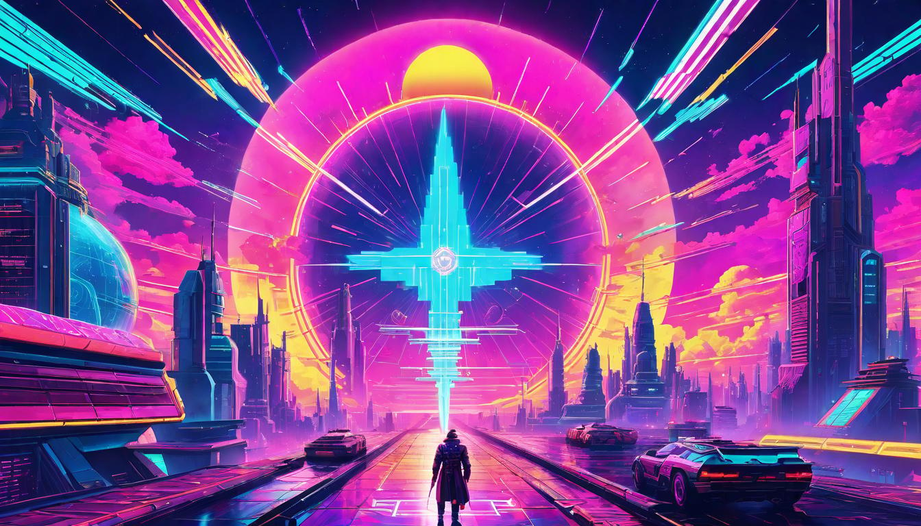  vaporwave,cyberpunk game style Cosmic creator summoning visions, radiant energy swirling around, ethereal and powerfuleon, dystopian, futuristic, digital, vibrant, detailed, high contrast, reminiscent of cyberpunk genre video games,retro aesthetic, cyberpunk, vibrant, neon colors, vintage 80s and 90s style, highly detailed