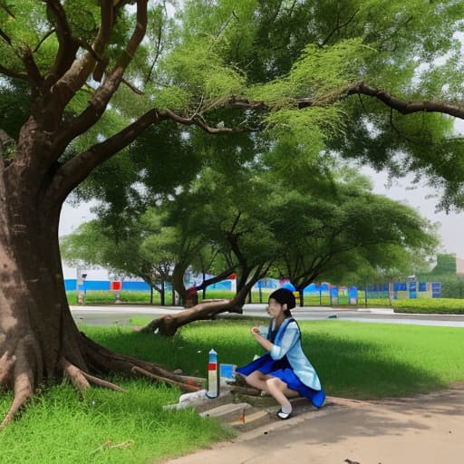  Li Yitong drank water under a tree.