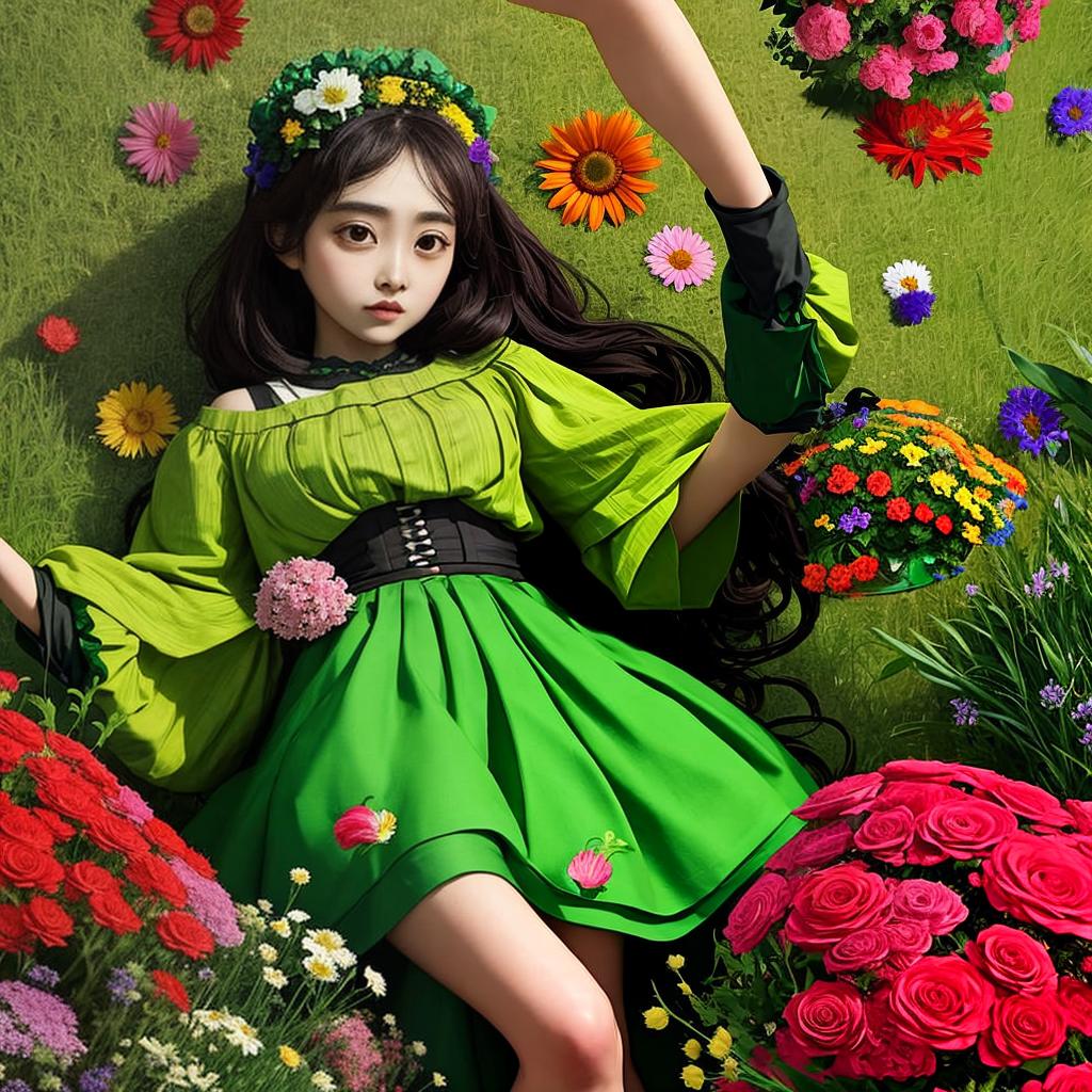  masterpiece, best quality, a beautiful woman with flowers on her head, big eyes, long legs, green skirt