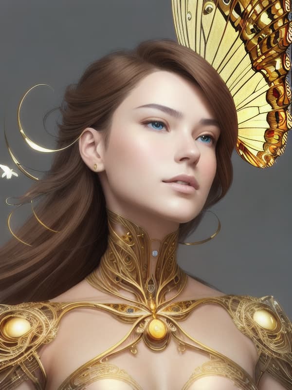 8k portrait of beautiful cyborg with brown hair, intricate, elegant, highly detailed, majestic, digital photography, art by artgerm and ruan jia and greg rutkowski surreal painting gold butterfly filigree, broken glass, (masterpiece, sidelighting, finely detailed beautiful eyes: 1.2), hdr, (detailed background window to a new dimension, plants and flowers:0.7) infinity, infinite symbol,