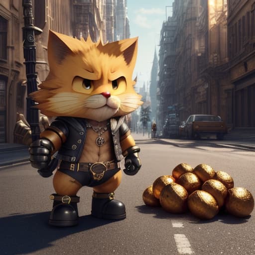  Final Fantasy, Garfieldthe Hedgehog, Demonic Black with Gold Trim Armor, Ruined Medieval City((dbstrdct disco diffu)) hyperrealistic, full body, detailed clothing, highly detailed, cinematic lighting, stunningly beautiful, intricate, sharp focus, f/1. 8, 85mm, (centered image composition), (professionally color graded), ((bright soft diffused light)), volumetric fog, trending on instagram, trending on tumblr, HDR 4K, 8K