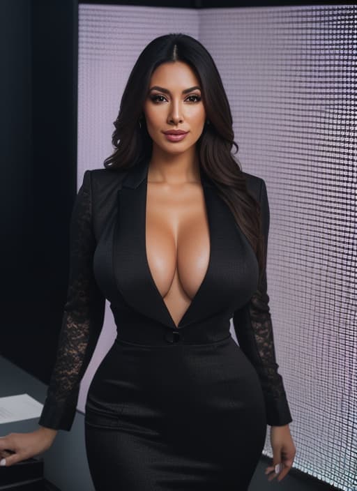  Tall mexican lady, standing in newsroom behind news desk, wearing black suit, show cleavage, big breasts, Raw photo, a portrait of 1woman, (professional photo , studio lighting, hard light, (hyper realistic), big depth of field, mate skin, pores, peach fuzz, hyperdetailed, best quality, photorealistic, 8k, high res, best quality), newsreader, show full body (1.5) hyperrealistic, full body, detailed clothing, highly detailed, cinematic lighting, stunningly beautiful, intricate, sharp focus, f/1. 8, 85mm, (centered image composition), (professionally color graded), ((bright soft diffused light)), volumetric fog, trending on instagram, trending on tumblr, HDR 4K, 8K