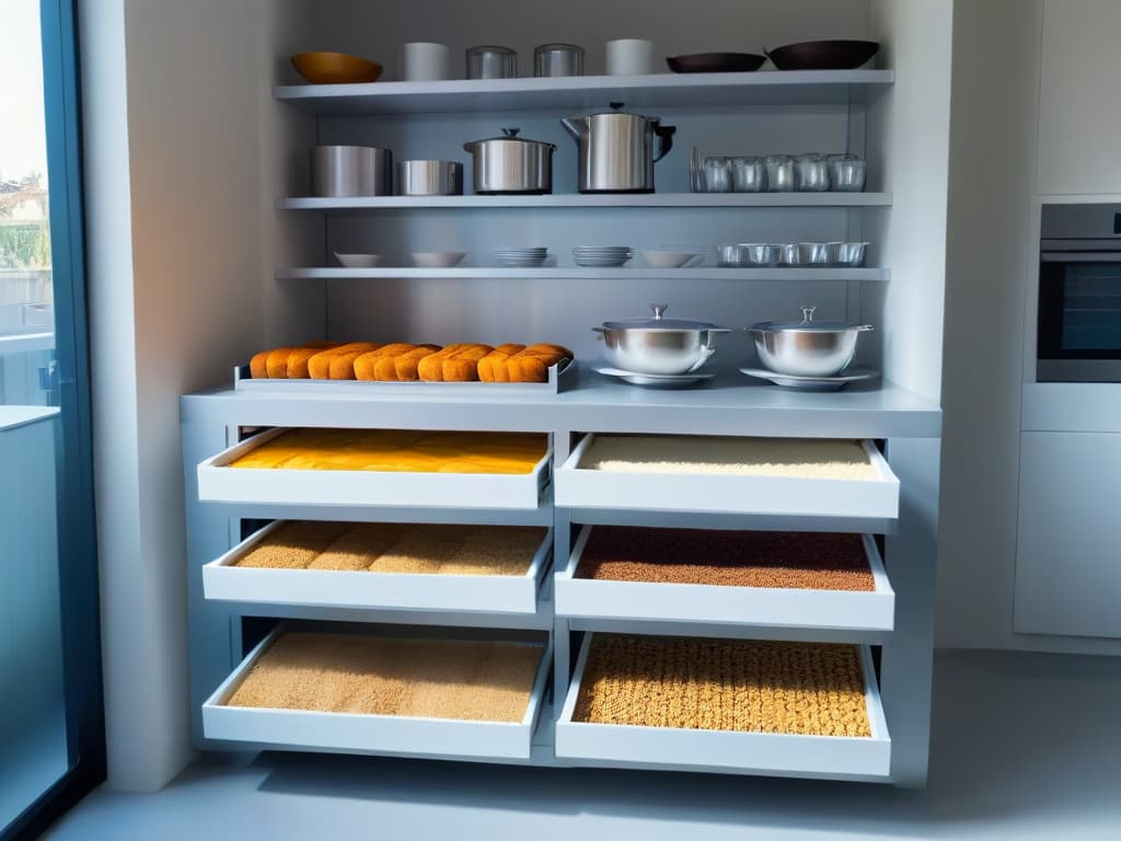  A minimalist kitchen counter with sleek, accessible drawers and shelves, showcasing carefully organized baking tools and ingredients with vibrant colors and textures, under soft natural lighting that casts gentle shadows, creating a visually appealing and functional space for bakers with reduced mobility. hyperrealistic, full body, detailed clothing, highly detailed, cinematic lighting, stunningly beautiful, intricate, sharp focus, f/1. 8, 85mm, (centered image composition), (professionally color graded), ((bright soft diffused light)), volumetric fog, trending on instagram, trending on tumblr, HDR 4K, 8K