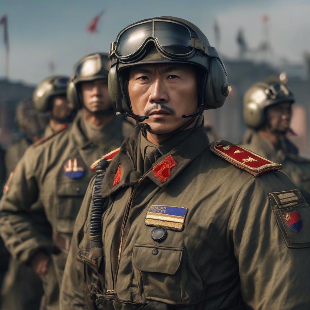  A Chinese man, wearing military uniform, pilot, Russian flag hyperrealistic, full body, detailed clothing, highly detailed, cinematic lighting, stunningly beautiful, intricate, sharp focus, f/1. 8, 85mm, (centered image composition), (professionally color graded), ((bright soft diffused light)), volumetric fog, trending on instagram, trending on tumblr, HDR 4K, 8K