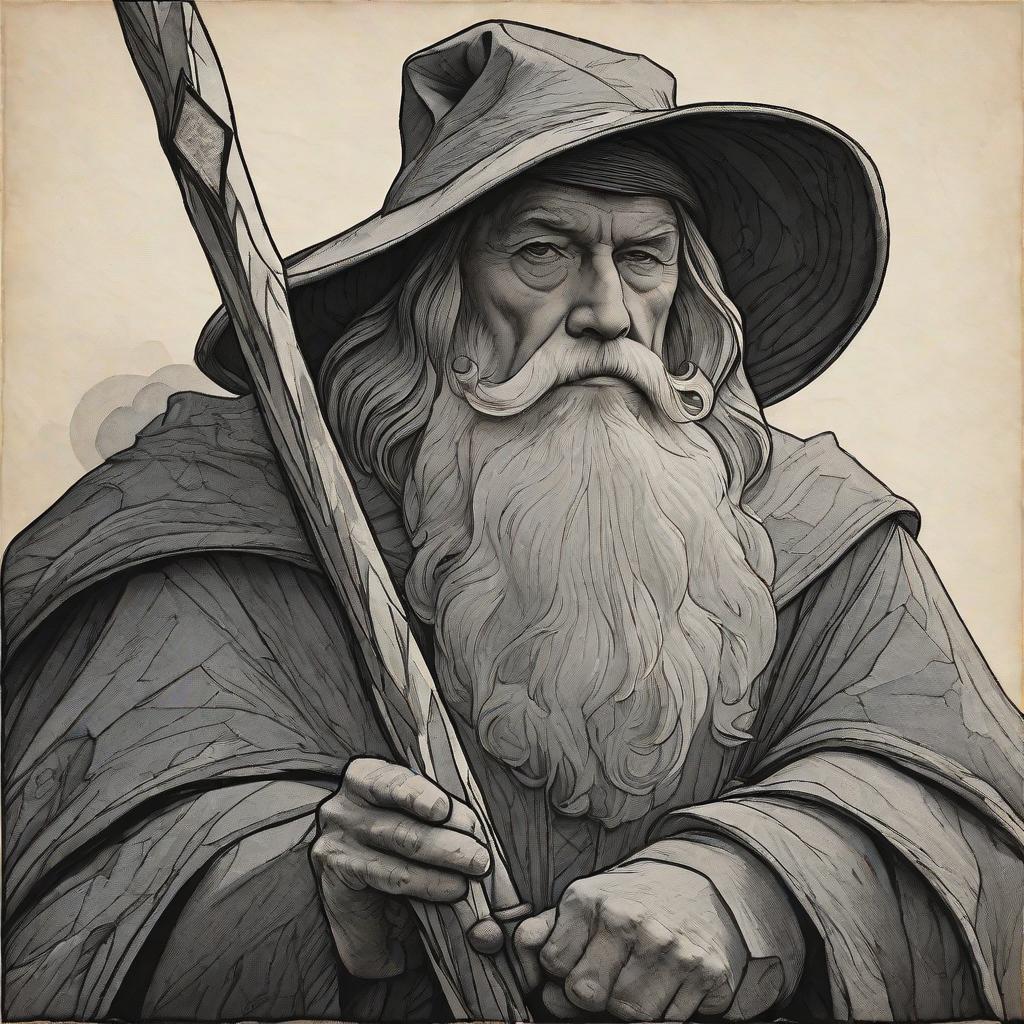  masterpiece, best quality, Black and grey shaded, wizard holding a staff looking onward. he is lonely and hunched over, relying on his staff for support