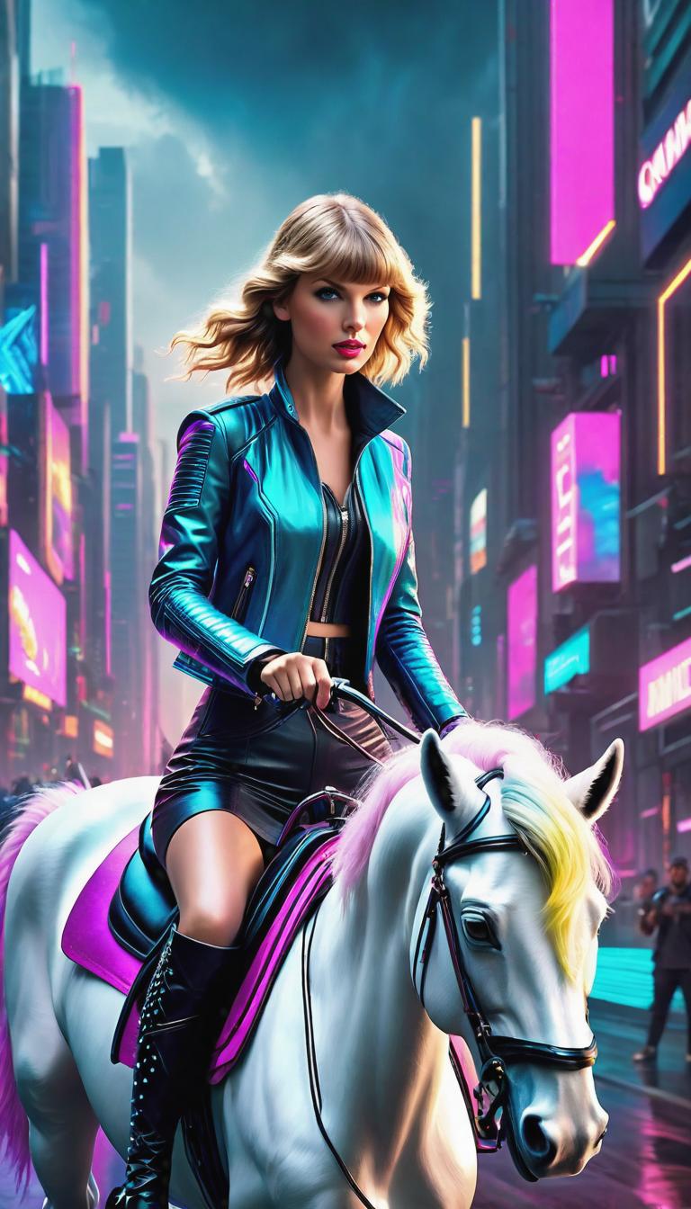  Cyberpunk style depiction of Taylor Swift Riding A Unicorn . The scene is set in a world where technology has advanced, but society and human conditions have not, creating a gritty, dystopian atmosphere. hyperrealistic, full body, detailed clothing, highly detailed, cinematic lighting, stunningly beautiful, intricate, sharp focus, f/1. 8, 85mm, (centered image composition), (professionally color graded), ((bright soft diffused light)), volumetric fog, trending on instagram, trending on tumblr, HDR 4K, 8K