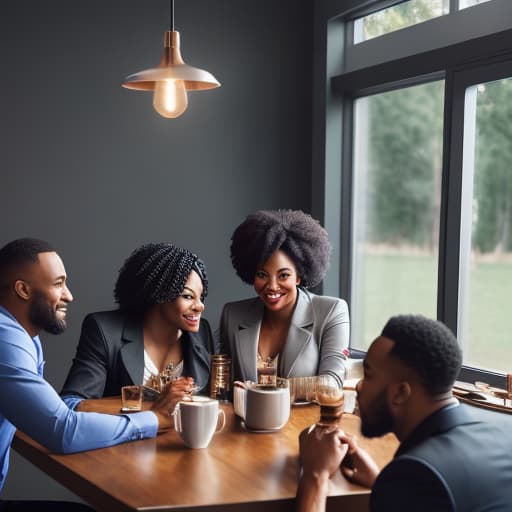  (black people sitting at table having coffee), photorealistic, highly detailed, 4k, high quality hyperrealistic, full body, detailed clothing, highly detailed, cinematic lighting, stunningly beautiful, intricate, sharp focus, f/1. 8, 85mm, (centered image composition), (professionally color graded), ((bright soft diffused light)), volumetric fog, trending on instagram, trending on tumblr, HDR 4K, 8K