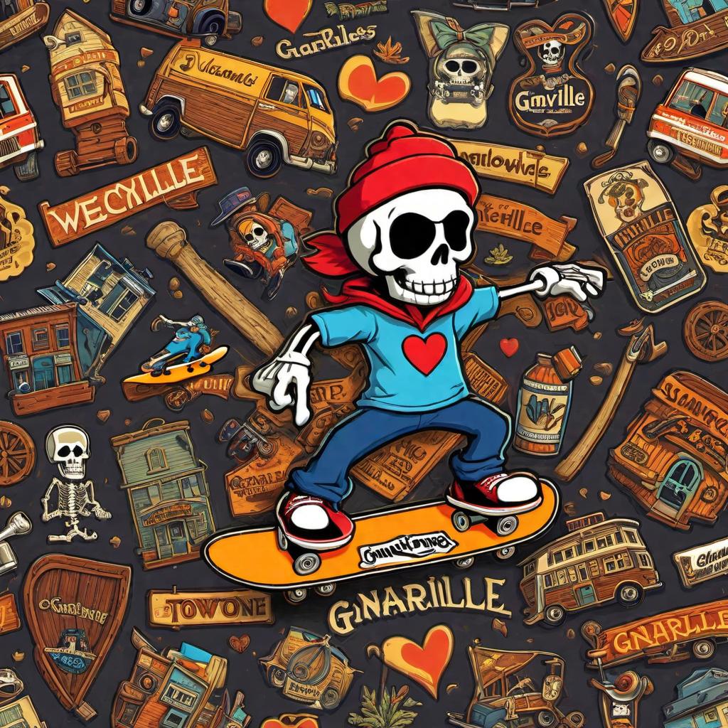  Welcome to the cozy town of Gnarlville, where every day is an adventure if you know where to look. With a heart of gold and joints that never stiffen, the town's character, Skeletones, is famous for two things: his love for skateboarding and his peculiar but lovable crew. Create an image that captures the spirit of Gnarlville, including Skeletones with his skateboard, and his crew hanging around a picturesque part of town. The style should be whimsical, colorful, and inviting, emphasizing the adventure and community feel of the town. hyperrealistic, full body, detailed clothing, highly detailed, cinematic lighting, stunningly beautiful, intricate, sharp focus, f/1. 8, 85mm, (centered image composition), (professionally color graded), ((bright soft diffused light)), volumetric fog, trending on instagram, trending on tumblr, HDR 4K, 8K