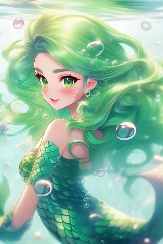  (green hair color mermaid) illustration very beautiful mermaid,(green hair color),seven colored scales,seven colored fins,bubbles,high quality,high image quality,8K,16k