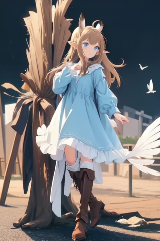  masterpiece, best quality, Messy brown hair, half birdfolk, human body, bird features, white feathery wings, blue eyes, clutched feathery ears, white feathery bird tail, full body, mage outfit, black background, , wears pants instead of a dress, long brown hair, light armor, hands with the correct five number of fingers, brown boots, correct hand anatomy, arms crossed across , serious, fingers not visible, feathery ears, no human or elven ears, well drawn eyes, drawn anime style, small blue gems in hair