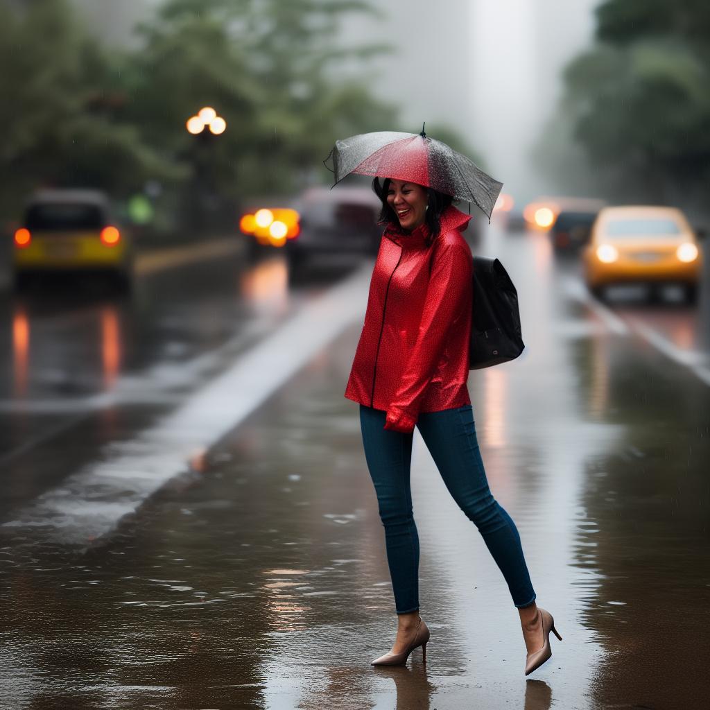  someone laughing in the rain, using high shutter speed to freeze raindrops hyperrealistic, full body, detailed clothing, highly detailed, cinematic lighting, stunningly beautiful, intricate, sharp focus, f/1. 8, 85mm, (centered image composition), (professionally color graded), ((bright soft diffused light)), volumetric fog, trending on instagram, trending on tumblr, HDR 4K, 8K