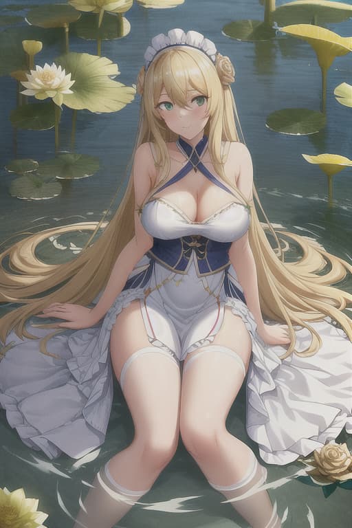  (score 9,score 8 up,score 7 up,),1girl,solo,maid,maid headdress,looking at viewer,outdoor,lake,apron,blonde hair,indoors,green eyes,bare foot,two feet in the water lotus flower sex stunny hyperrealistic, full body, detailed clothing, highly detailed, cinematic lighting, stunningly beautiful, intricate, sharp focus, f/1. 8, 85mm, (centered image composition), (professionally color graded), ((bright soft diffused light)), volumetric fog, trending on instagram, trending on tumblr, HDR 4K, 8K