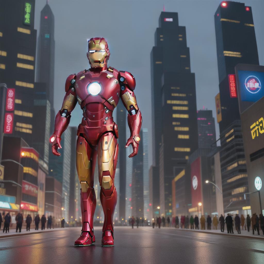  masterpiece, best quality,Best quality, masterpiece, 8k resolution, realistic, highly detailed,   close up of Iron Man. In a cyberpunk-style night scene of the city, he stands on a street lined with tall buildings. The city's night lights are bright, The surrounding buildings and streets are filled with cyberpunk elements such as neon lights, high-tech devices, and futuristic architectural designs. ,