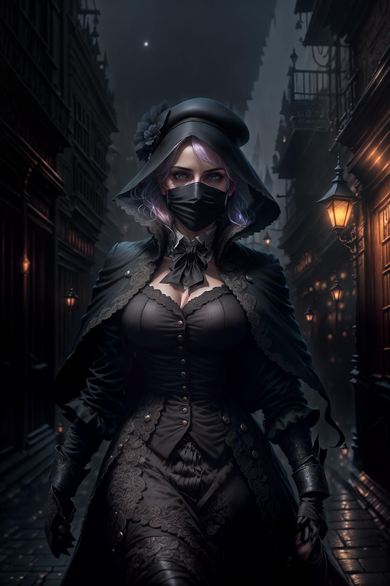  Jack the Ripper, (mysterious veil:1.2), (wearing a black beret and a mask), (long coat:1.0), (usually wearing a dark colored long coat), (such as black or dark brown), (making him harder to detect at night), (knife in hand:1.1), (carrying a sharp), (an indispensable tool for his criminal activities), (eerie gait:1.0), (street environment:1.2), (fog covered streets of the old city of London in the late 19th century), (environment includes ancient buildings, cobblestone roads, and dim twilight lights), (night and fog:1.0), (a night with the moon high, few stars, and thick fog), (increasing the sense of mystery and horror), (deserted:0.8), (to add to the mystery and horror), (depicting a deserted street), (only a few dim and unclear lights aro hyperrealistic, full body, detailed clothing, highly detailed, cinematic lighting, stunningly beautiful, intricate, sharp focus, f/1. 8, 85mm, (centered image composition), (professionally color graded), ((bright soft diffused light)), volumetric fog, trending on instagram, trending on tumblr, HDR 4K, 8K