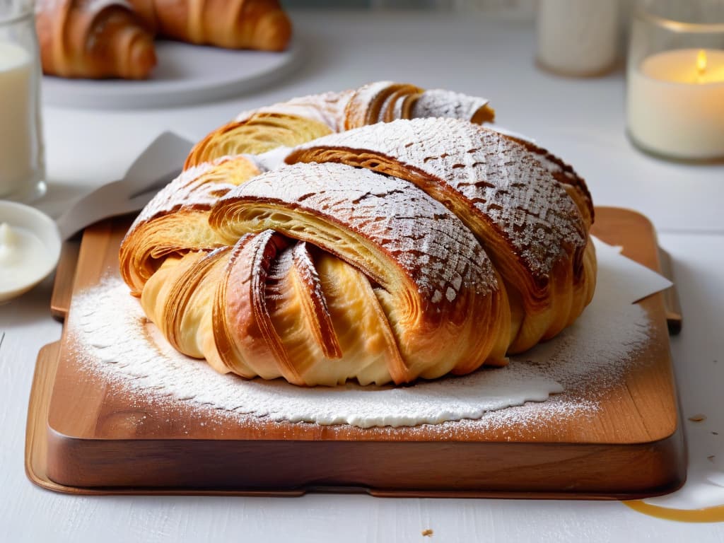  A closeup, ultradetailed image of a perfectly flaky croissant, freshly baked to golden perfection, resting on a rustic wooden table with a light dusting of powdered sugar. The layers of the croissant are clearly visible, showcasing the expertise and craftsmanship that goes into creating this classic pastry. The image captures the essence of traditional French baking techniques, inviting the viewer to appreciate the artistry and skill involved in producing such a delectable treat. hyperrealistic, full body, detailed clothing, highly detailed, cinematic lighting, stunningly beautiful, intricate, sharp focus, f/1. 8, 85mm, (centered image composition), (professionally color graded), ((bright soft diffused light)), volumetric fog, trending on instagram, trending on tumblr, HDR 4K, 8K