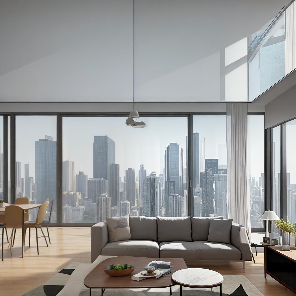  masterpiece, best quality, Best Quality, Masterpiece, 8k resolution,high resolution concept art of an apartment living room with floor to ceiling windows and modern furniture