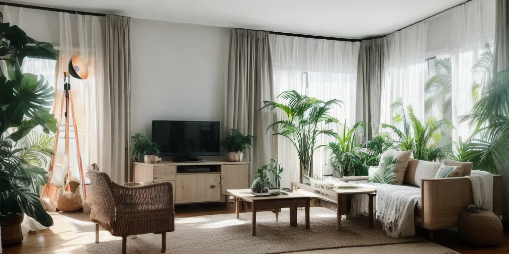  create a Living room in the tropical style, (((tv))), (((armchair))), (((center table))), (((couch))), (((curtain on the window))), colorful, organic simplicity, sunbeams shining, minimal lines, atmospheric and dreamy hyperrealistic, full body, detailed clothing, highly detailed, cinematic lighting, stunningly beautiful, intricate, sharp focus, f/1. 8, 85mm, (centered image composition), (professionally color graded), ((bright soft diffused light)), volumetric fog, trending on instagram, trending on tumblr, HDR 4K, 8K