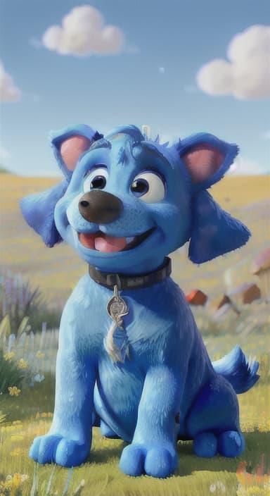  {A happy, big blue dog wagging its tail in a colorful meadow, The big blue dog is large with sky blue fur, big round eyes, a black nose, and floppy ears.