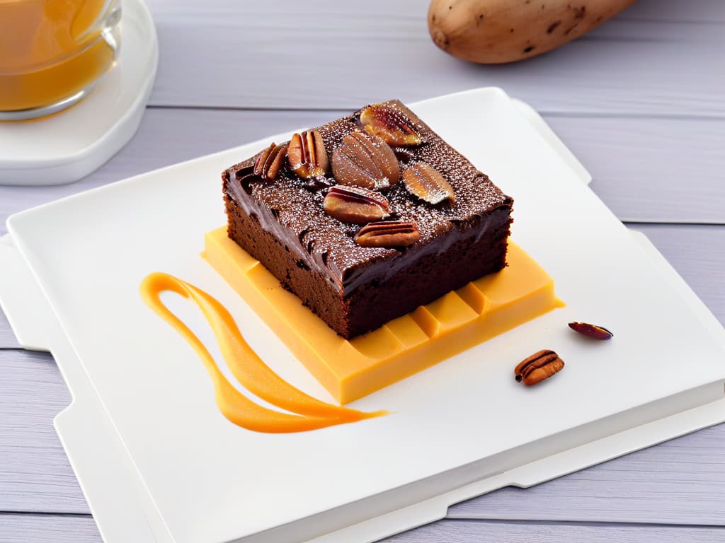  A closeup, ultradetailed image of a decadent brownie square topped with a swirl of sweet potato puree, garnished with a sprinkle of cinnamon and a single pecan on a sleek, modern white plate. The rich chocolatey brownie contrasts beautifully with the vibrant orange hue of the sweet potato topping, creating a visually striking and appetizing composition that embodies the fusion of indulgence and health in this reinvented brownie recipe. hyperrealistic, full body, detailed clothing, highly detailed, cinematic lighting, stunningly beautiful, intricate, sharp focus, f/1. 8, 85mm, (centered image composition), (professionally color graded), ((bright soft diffused light)), volumetric fog, trending on instagram, trending on tumblr, HDR 4K, 8K