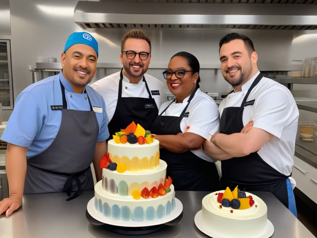  A closeup, ultradetailed image of a diverse group of chefs with varying cognitive disabilities, joyfully working together in a bright, modern kitchen. Each chef is focused on their task, one carefully measuring ingredients, another stirring a colorful batter, and a third piping frosting onto a beautifully decorated cake. The image captures the essence of teamwork, determination, and inclusivity, with subtle yet powerful expressions of concentration and pride visible on each chef's face. The minimalist style emphasizes the importance of their actions and the beauty of their collaborative efforts in creating delicious pastries. hyperrealistic, full body, detailed clothing, highly detailed, cinematic lighting, stunningly beautiful, intricate, sharp focus, f/1. 8, 85mm, (centered image composition), (professionally color graded), ((bright soft diffused light)), volumetric fog, trending on instagram, trending on tumblr, HDR 4K, 8K