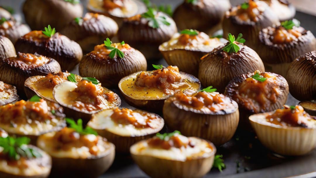  Create an enticing image of a platter of keto stuffed mushrooms, showcasing the savory filling and golden-brown, crispy tops. The image should capture the deliciousness of the dish and inspire readers to try the recipe themselves. hyperrealistic, full body, detailed clothing, highly detailed, cinematic lighting, stunningly beautiful, intricate, sharp focus, f/1. 8, 85mm, (centered image composition), (professionally color graded), ((bright soft diffused light)), volumetric fog, trending on instagram, trending on tumblr, HDR 4K, 8K