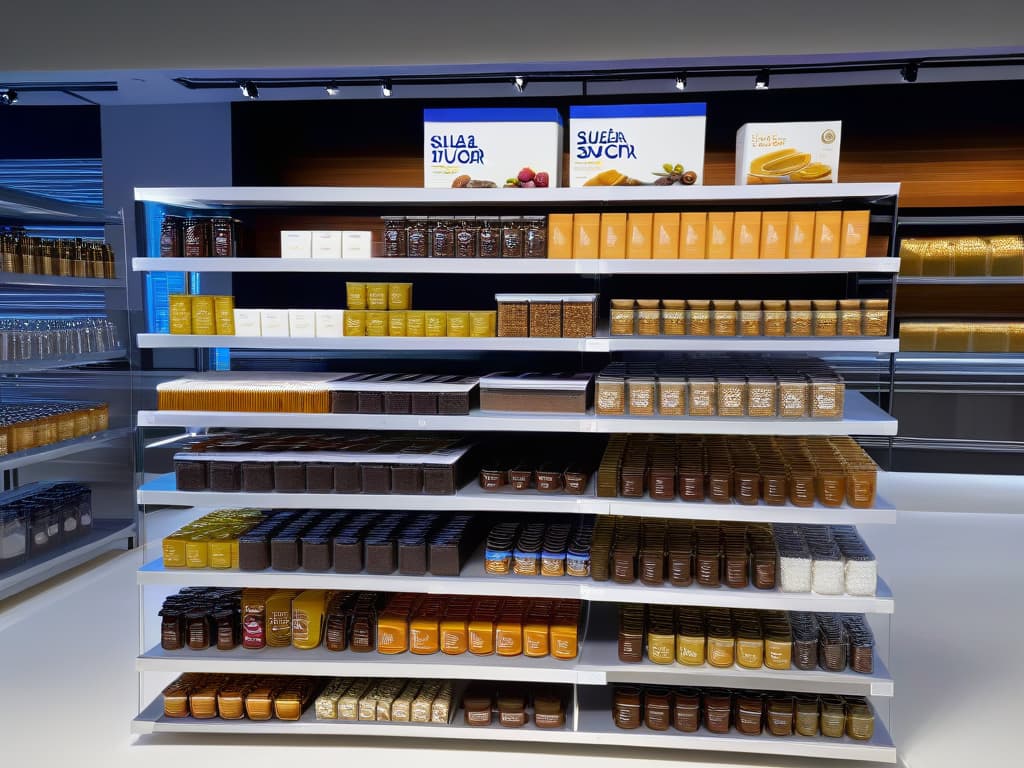  An 8k ultradetailed image of a sleek, modern kitchen countertop adorned with an array of toptier sugar and sweetener brands neatly lined up in elegant packaging. Each product is artfully arranged, showcasing a variety of textures, colors, and sizes. The labels are crisply displayed, highlighting the brand names in a sophisticated and visually appealing manner. The lighting is soft yet illuminating, emphasizing the premium quality of the products and creating a luxurious ambiance. hyperrealistic, full body, detailed clothing, highly detailed, cinematic lighting, stunningly beautiful, intricate, sharp focus, f/1. 8, 85mm, (centered image composition), (professionally color graded), ((bright soft diffused light)), volumetric fog, trending on instagram, trending on tumblr, HDR 4K, 8K