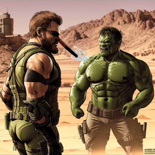  Venom Snake from MGSV smoking his phantom cigar and hulk is with him smoking in the desert