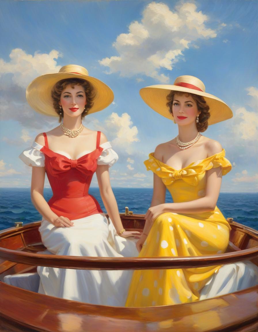  Two women, one in a red dress with small polka dots, the other in a yellow dress with small polka dots and each in a wide brimmed hat, sit on the bow of the boat and watch you. Impressionist oil painting style, blue sky background with clouds. One woman wears gold jewelry on her neck and arms. The boat floats smoothly on the sea, creating ripples that reflect sunlight. in the style of Jean Arp. in the style of The Ideal Collection by Patrick Nagel. hyperrealistic, full body, detailed clothing, highly detailed, cinematic lighting, stunningly beautiful, intricate, sharp focus, f/1. 8, 85mm, (centered image composition), (professionally color graded), ((bright soft diffused light)), volumetric fog, trending on instagram, trending on tumblr, HDR 4K, 8K