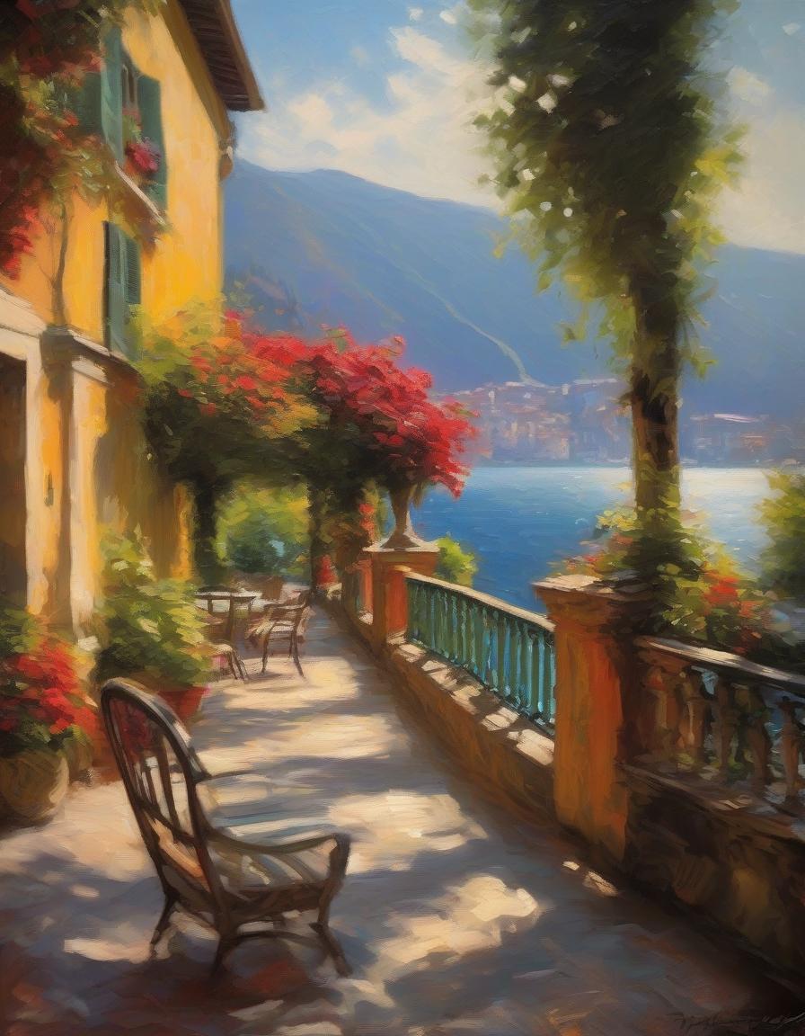  (Masterpiece, Oil painting: 1.3) Image of cute and cozy art villa, Overlooking Lake Como in (Impressionism) style, rough brushstrokes, impasto, Juicy color palette, hyperrealistic, full body, detailed clothing, highly detailed, cinematic lighting, stunningly beautiful, intricate, sharp focus, f/1. 8, 85mm, (centered image composition), (professionally color graded), ((bright soft diffused light)), volumetric fog, trending on instagram, trending on tumblr, HDR 4K, 8K