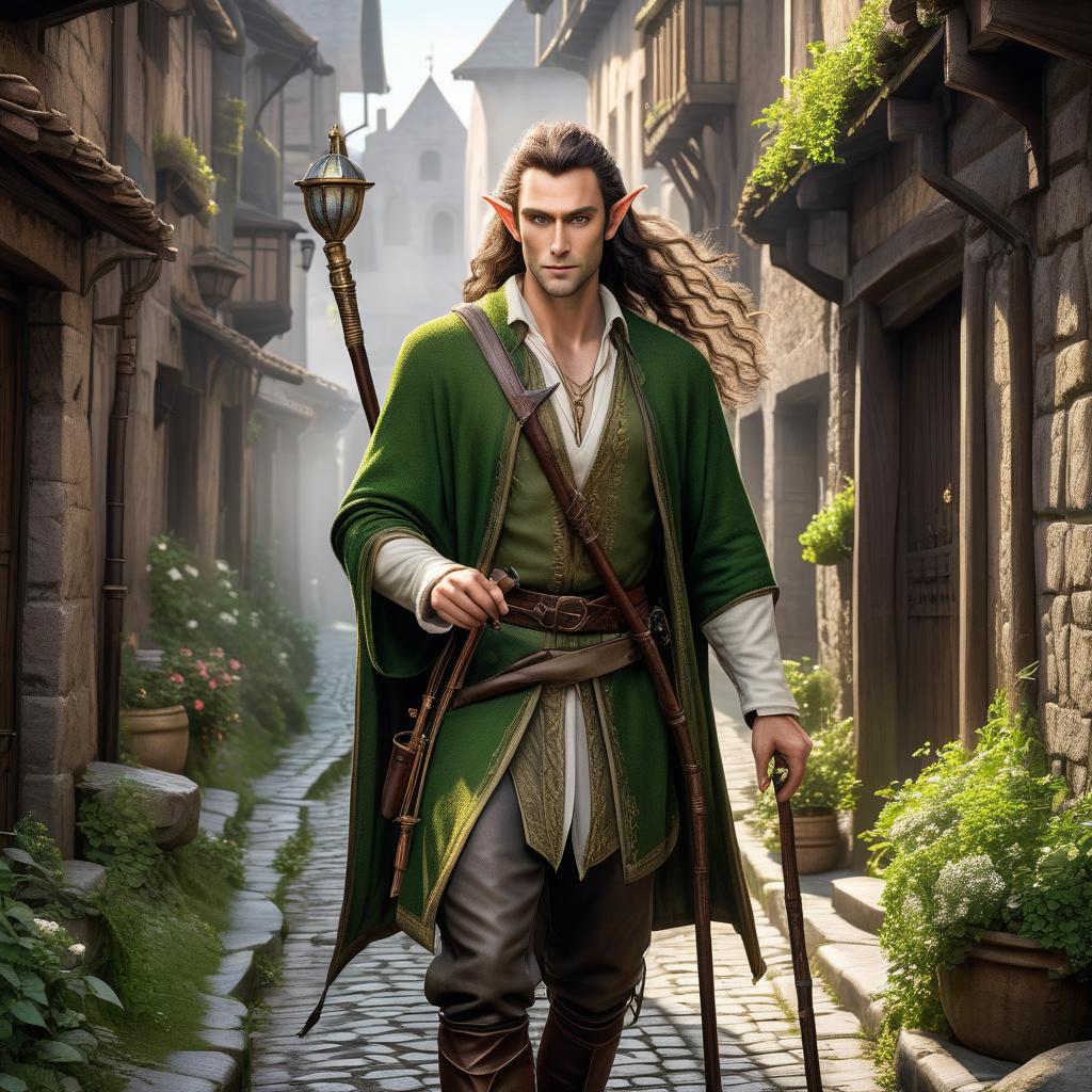  A man elf with long curly hair tied into a ponytail, bright green eyes, pale skin, a short beard, a scar on his cheek, a squinty eyed gaze, and a clever smirk. On his shoulders, he carries a walking stick from the road, and behind him are narrow alleyways of a medieval city. hyperrealistic, full body, detailed clothing, highly detailed, cinematic lighting, stunningly beautiful, intricate, sharp focus, f/1. 8, 85mm, (centered image composition), (professionally color graded), ((bright soft diffused light)), volumetric fog, trending on instagram, trending on tumblr, HDR 4K, 8K