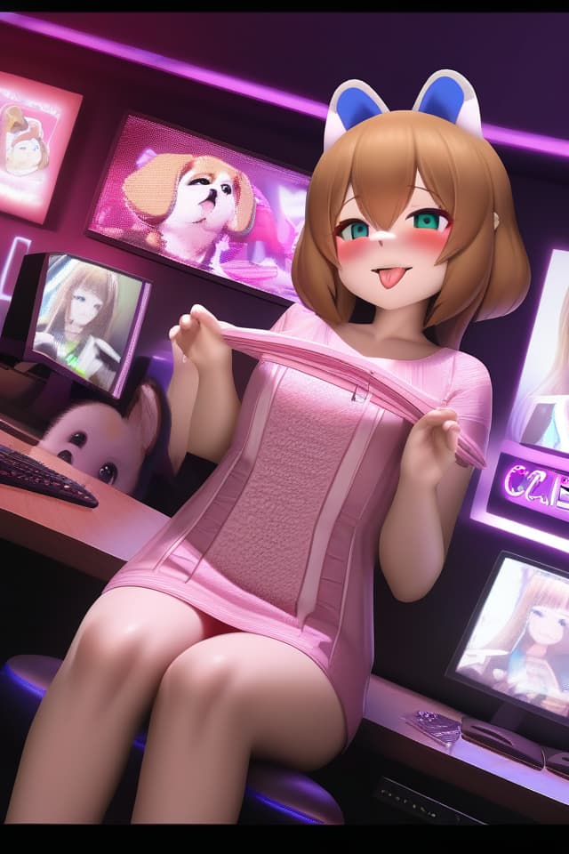  ((holding 🎮、girl play game、accurate hands))、(((droopin dog ears、lop beagle's ears)))、anthropomorphic furry beagle girl、tongue out blush smiling、dutch angle、neon lighting、in Internet cafe、best quality:1.4、masterpiece:1.4、ultra detailed texture、RAW photorealistic:1.4、absurd resolution、8K illustration、💩、