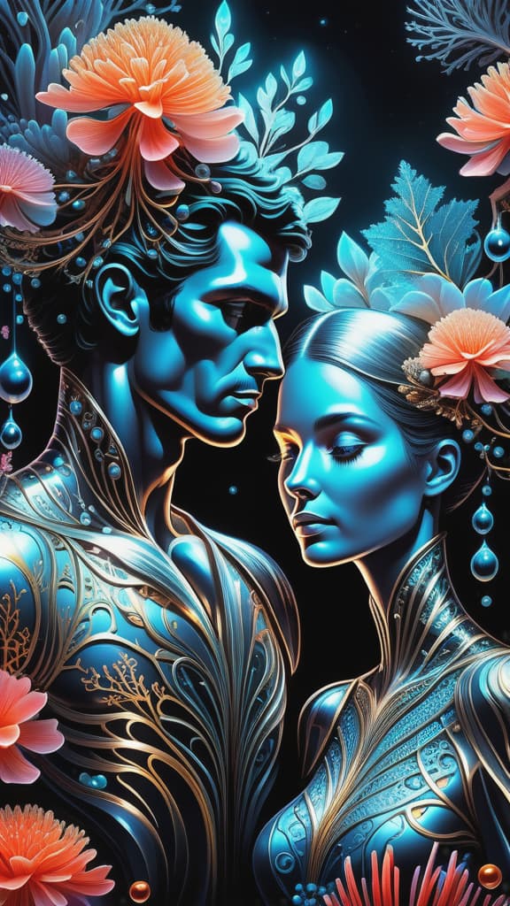  photo RAW, (Ultra detailed illustration of a man and women lost in a magical world of wonders, glowy, bioluminescent flora, incredibly detailed, pastel colors, art by Mschiffer, night, bioluminescence, ultrarealistic, hyperrealistice, hyperdetailed: shiny aura, highly detailed, black pearls, gold and coral filigree, intricate motifs, organic tracery, Kiernan Shipka, Januz Miralles, Hikari Shimoda, glowing stardust by W. Zelmer, perfect composition, smooth, sharp focus, sparkling particles, lively coral reef colored background Realistic, realism, hd, 35mm photograph, 8k), masterpiece, award winning photography, natural light, perfect composition, high detail, hyper realistic, add depth, water background hyperrealistic, full body, detailed clothing, highly detailed, cinematic lighting, stunningly beautiful, intricate, sharp focus, f/1. 8, 85mm, (centered image composition), (professionally color graded), ((bright soft diffused light)), volumetric fog, trending on instagram, trending on tumblr, HDR 4K, 8K