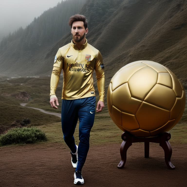  landscape Messi with the gold ball hyperrealistic, full body, detailed clothing, highly detailed, cinematic lighting, stunningly beautiful, intricate, sharp focus, f/1. 8, 85mm, (centered image composition), (professionally color graded), ((bright soft diffused light)), volumetric fog, trending on instagram, trending on tumblr, HDR 4K, 8K