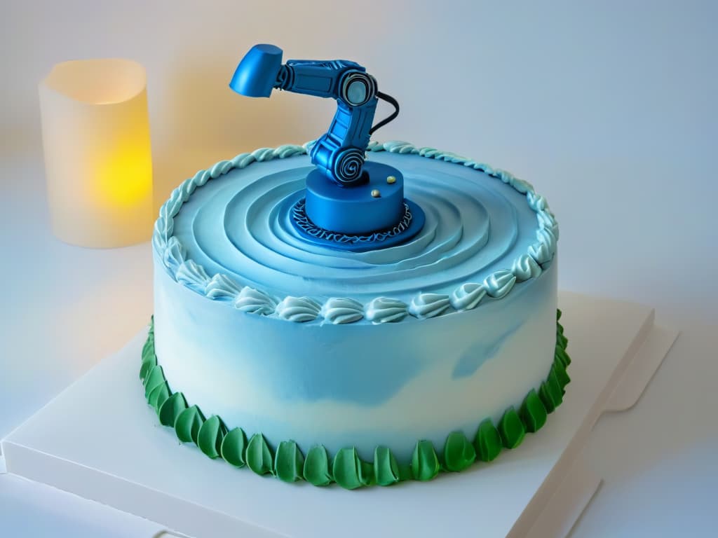  A sleek and modern robotic arm delicately piping intricate frosting swirls onto a perfectly crafted cake, with a futuristic kitchen backdrop displaying advanced baking tools and technology. hyperrealistic, full body, detailed clothing, highly detailed, cinematic lighting, stunningly beautiful, intricate, sharp focus, f/1. 8, 85mm, (centered image composition), (professionally color graded), ((bright soft diffused light)), volumetric fog, trending on instagram, trending on tumblr, HDR 4K, 8K