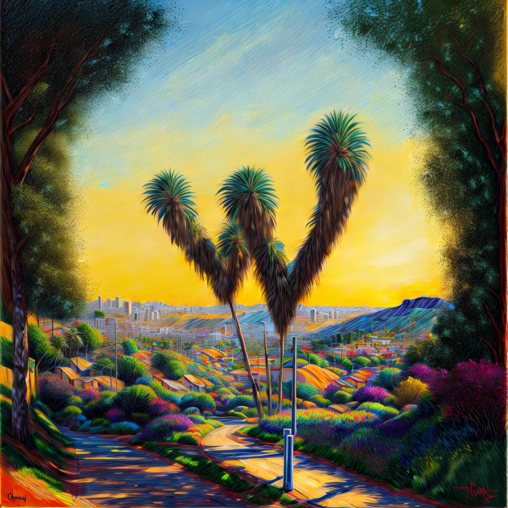  Hip hop style graffiti painting of a California landscape with impressionistic brushstrokes, vibrant colors, and bold outlines reminiscent of the Golden State&#039;s sunsets and coastline. style Graffiti, styles for printing, advanced detail processing, style Impressionism, style HDR, style RAW, best quality, masterpiece