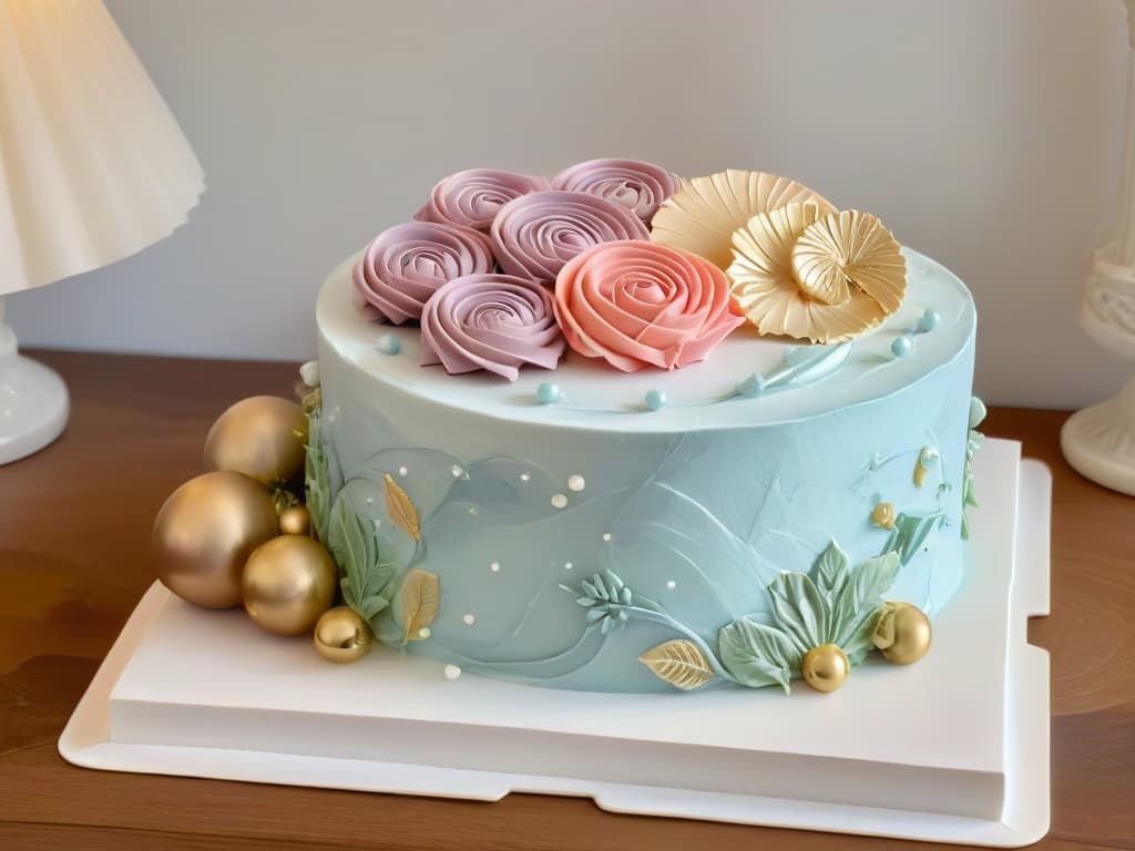  An ultradetailed image of a delicate, intricately designed cake displayed on a clean, white marble countertop. The cake features elaborate fondant decorations in pastel colors, with meticulously piped buttercream swirls and edible gold leaf accents. The lighting is soft and highlights the precision and artistry of the confection, showcasing the exquisite details that can be achieved in pastry design with Adobe Photoshop enhancements. hyperrealistic, full body, detailed clothing, highly detailed, cinematic lighting, stunningly beautiful, intricate, sharp focus, f/1. 8, 85mm, (centered image composition), (professionally color graded), ((bright soft diffused light)), volumetric fog, trending on instagram, trending on tumblr, HDR 4K, 8K