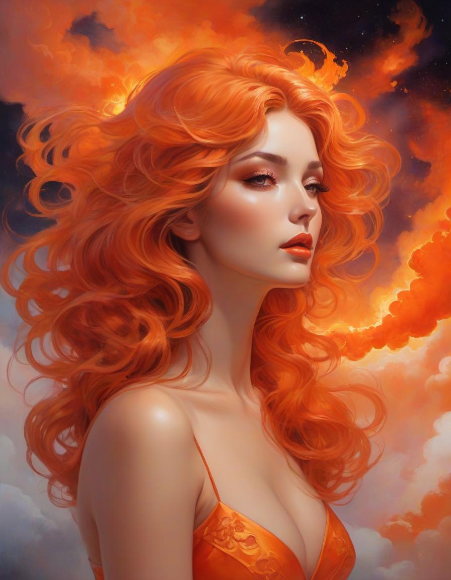  impressionist painting Gorgeous Goddess of fire, (floating on a fiery orange cloud); perfect hair, perfect full lips, Detailed perfect body, her body is all without blemish, stunning In A Milky Way Garden, background of flames, floating on clouds, Highly Stylized Features; (Full Body), Unsplash, Highly Detailed, Digital Painting, Intricately Detailed Eyes, Colourful, Ink Painting, Beautiful Watercolor Painting, Realistic, Detailed, Fine Art, Oil Painting, Finely Drawn Hands; By Artgerm, By Alphonse Mucha, By Ilya Kuvshinov, Painting By Olga Shvartsur, Svetlana Novikova . loose brushwork, vibrant color, light and shadow play, captures feeling over form hyperrealistic, full body, detailed clothing, highly detailed, cinematic lighting, stunningly beautiful, intricate, sharp focus, f/1. 8, 85mm, (centered image composition), (professionally color graded), ((bright soft diffused light)), volumetric fog, trending on instagram, trending on tumblr, HDR 4K, 8K