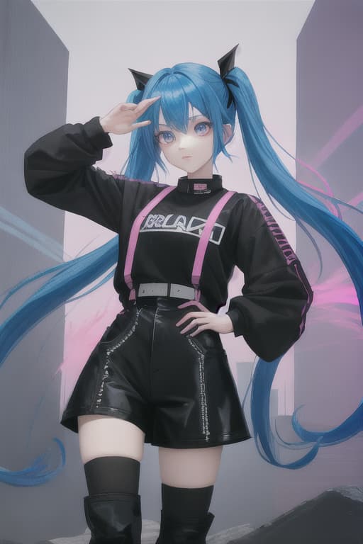  Blue Hair Long Pink Eyes Black Clothes Half Twin Tail
