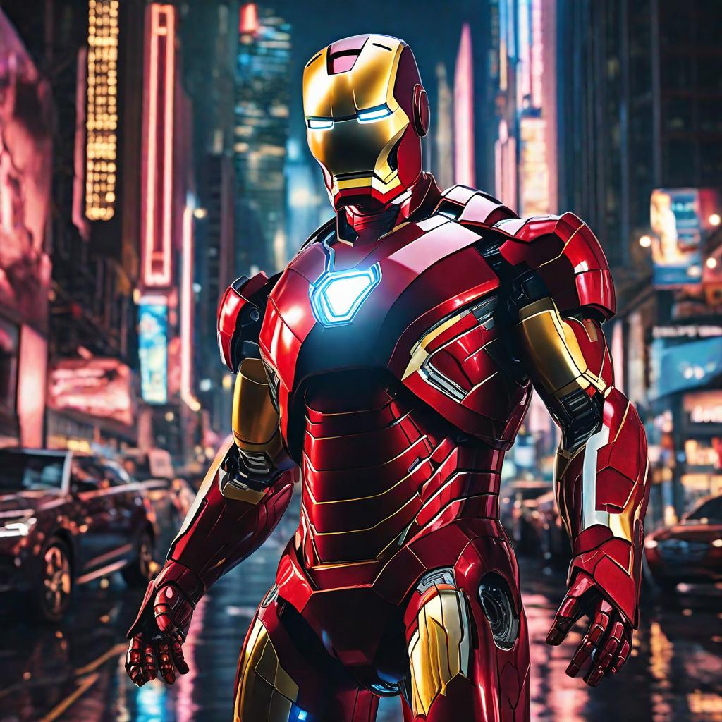  masterpiece, best quality, Best quality, masterpiece, 8k resolution, realistic, highly detailed, close up of Iron Man. In a cyberpunk-style night scene of the city, he stands on a street lined with tall buildings. The city's night lights are bright, The surrounding buildings and streets are filled with cyberpunk elements such as neon lights, high-tech devices, and futuristic architectural designs.