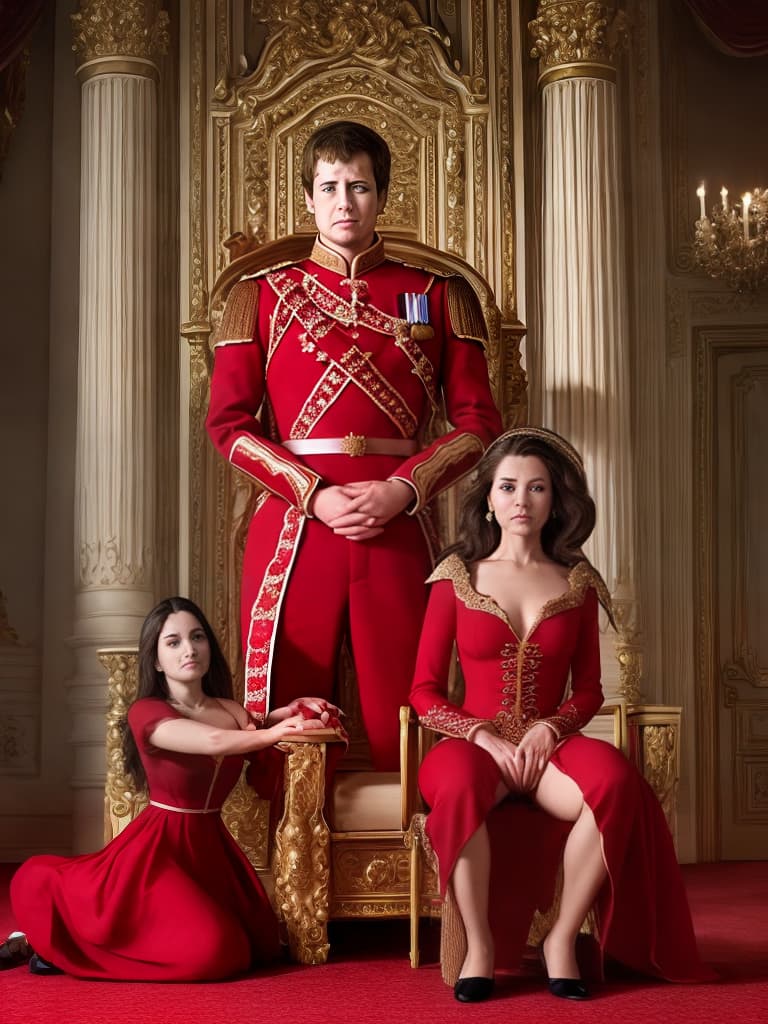  a royal meal minister kneel downly sitting, like knight, on a royal luxurious courtroom. minister wearing red royal luxurious dress. american human avatar required.