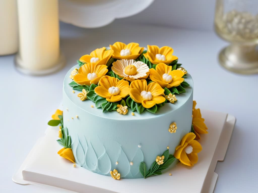  A closeup, ultradetailed image of a beautifully decorated glutenfree mini cake, showcasing intricate piping work with pastelcolored buttercream flowers and delicate gold leaf accents. The cake is displayed on a sleek, modern white platter against a soft, blurred background, emphasizing the precision and artistry involved in glutenfree gourmet pastry making. hyperrealistic, full body, detailed clothing, highly detailed, cinematic lighting, stunningly beautiful, intricate, sharp focus, f/1. 8, 85mm, (centered image composition), (professionally color graded), ((bright soft diffused light)), volumetric fog, trending on instagram, trending on tumblr, HDR 4K, 8K