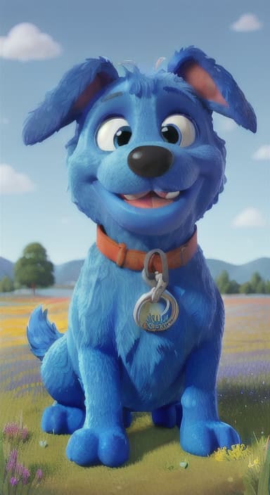  {A happy, big blue dog wagging its tail in a colorful meadow, The big blue dog is large with sky blue fur, big round eyes, a black nose, and floppy ears.