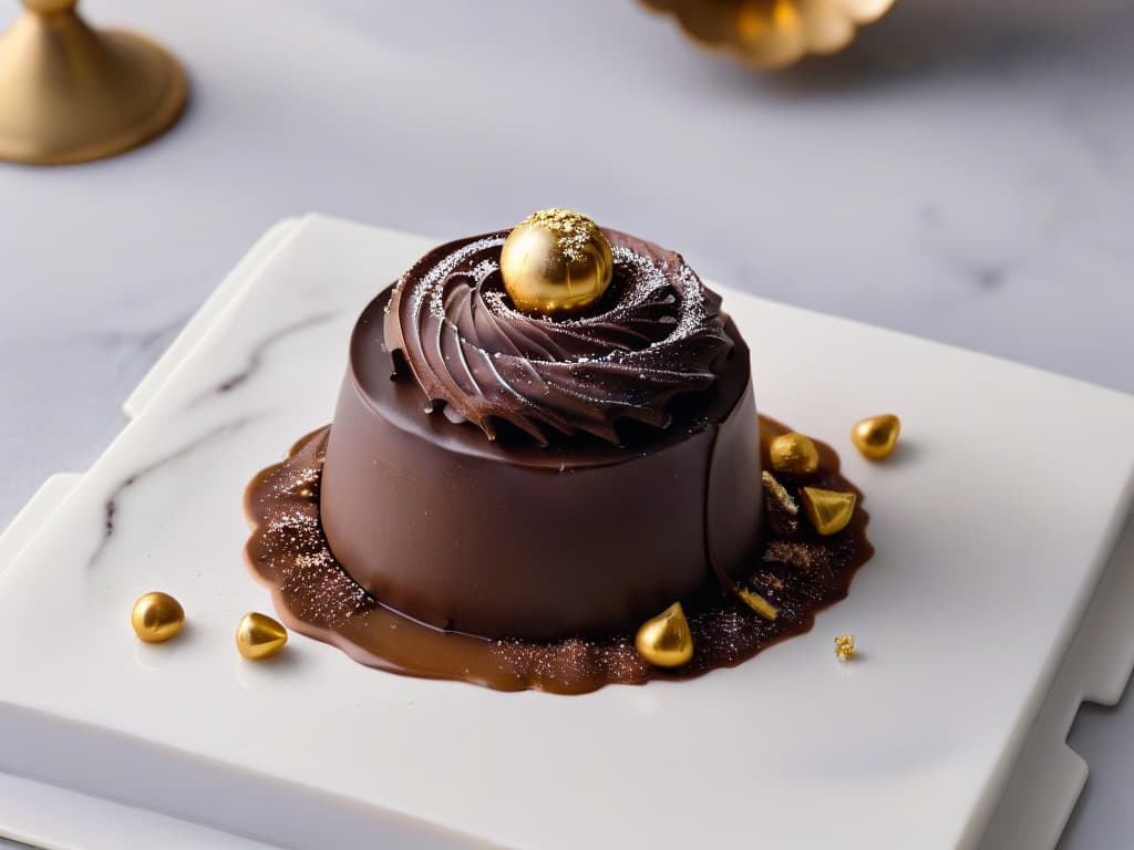  A closeup, ultradetailed photograph of a single, perfectly crafted chocolate truffle sitting on a sleek, modern, marble dessert plate. The truffle is elegantly dusted with a sprinkle of gold flakes, showcasing a glossy sheen and intricate swirl pattern on its surface. The soft lighting enhances the rich, decadent texture of the truffle, highlighting its luxurious simplicity and sophisticated presentation. hyperrealistic, full body, detailed clothing, highly detailed, cinematic lighting, stunningly beautiful, intricate, sharp focus, f/1. 8, 85mm, (centered image composition), (professionally color graded), ((bright soft diffused light)), volumetric fog, trending on instagram, trending on tumblr, HDR 4K, 8K