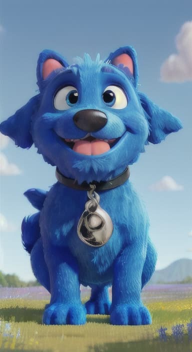  {A happy, big blue dog wagging its tail in a colorful meadow, The big blue dog is large with sky blue fur, big round eyes, a black nose, and floppy ears.