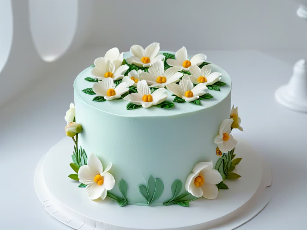  A highresolution image of a pristine, white fondant cake elegantly adorned with delicate sugar flowers in pastel shades, set against a softfocus background to emphasize the intricate detailing of the decorations. The cake is displayed on a sleek, minimalistic cake stand, casting a subtle shadow that adds depth to the overall composition. The craftsmanship of the sugar flowers and the smooth finish of the fondant evoke a sense of sophistication and artistry, appealing to both professional bakers and aspiring decorators looking to elevate their glutenfree cake decorating skills. hyperrealistic, full body, detailed clothing, highly detailed, cinematic lighting, stunningly beautiful, intricate, sharp focus, f/1. 8, 85mm, (centered image composition), (professionally color graded), ((bright soft diffused light)), volumetric fog, trending on instagram, trending on tumblr, HDR 4K, 8K