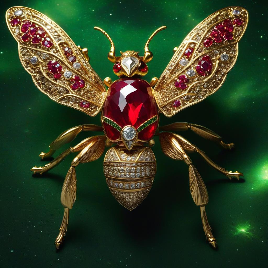  space themed The golden beetle resembles a brooch, with ruby red eyes, a large diamond in the center, glistening on a green dress. . cosmic, celestial, stars, galaxies, nebulas, planets, science fiction, highly detailed hyperrealistic, full body, detailed clothing, highly detailed, cinematic lighting, stunningly beautiful, intricate, sharp focus, f/1. 8, 85mm, (centered image composition), (professionally color graded), ((bright soft diffused light)), volumetric fog, trending on instagram, trending on tumblr, HDR 4K, 8K