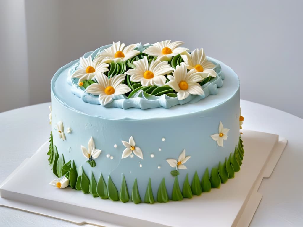  An ultradetailed closeup image of a perfectly frosted cake with intricate floral piping designs, showcasing the precision and artistry that Adobe Photoshop can enhance in pastry design. The cake is displayed on a clean, white marble surface, under soft, natural lighting that highlights the delicate details of the frosting work. Each petal and swirl is meticulously crafted, demonstrating the transformative power of digital tools in elevating pastry creations to new levels of beauty and sophistication. hyperrealistic, full body, detailed clothing, highly detailed, cinematic lighting, stunningly beautiful, intricate, sharp focus, f/1. 8, 85mm, (centered image composition), (professionally color graded), ((bright soft diffused light)), volumetric fog, trending on instagram, trending on tumblr, HDR 4K, 8K